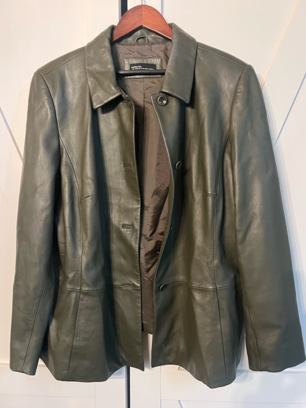 Valerie Stevens Woman Olive Green Leather Coat